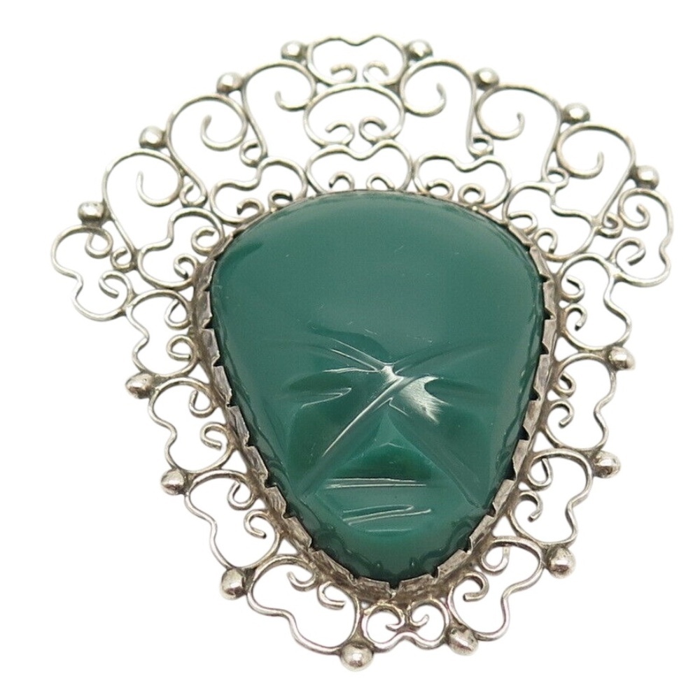 Vintage Mexican Carved Green Onyx Mask Brooch - Sterling Silver
